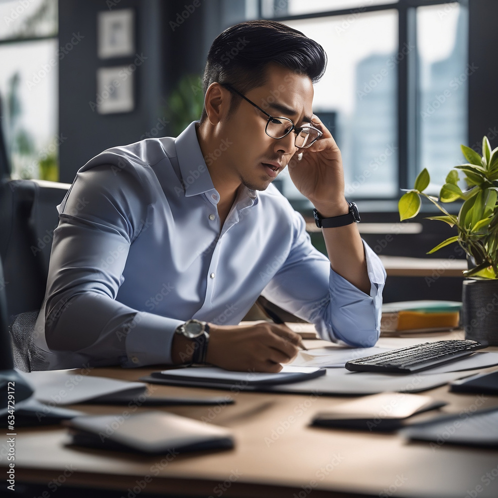 Obraz premium A man working at his desk looking frustrated 
