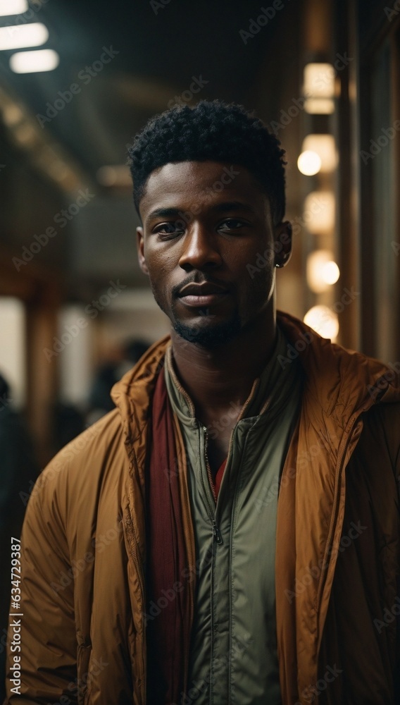 A man in a brown jacket standing in a hallway A man in a brown jacket standing in a hallway