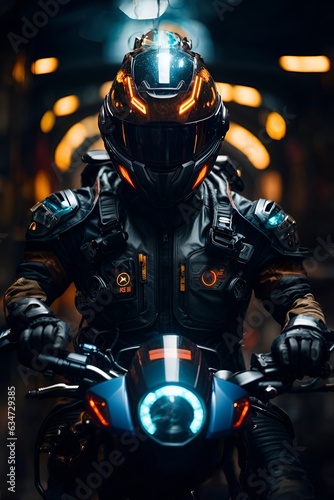 A futuristic man riding a motorcycle in a high-tech suit