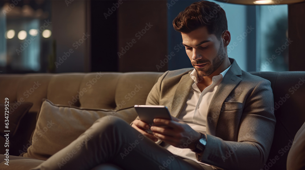 A young entrepreneur using a digital tablet while seated on a sofa