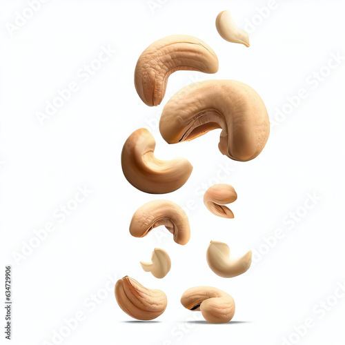Сomposition of whole and crushed cashews on a white background and Fresh tasty Cashew nuts falling in the air isolated on white background. Food levitation concept. High-resolution Generative AI 