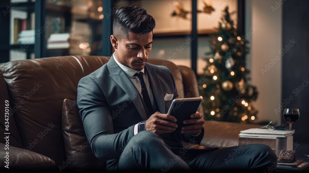 A young entrepreneur using a digital tablet while seated on a sofa A young entrepreneur using a digital tablet while seated on a sofa