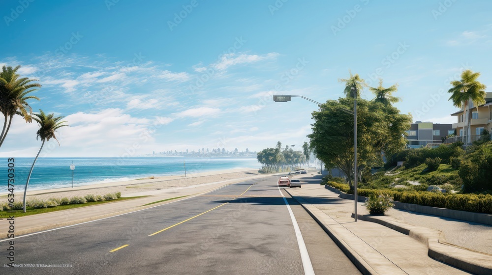 Naklejka premium Empty asphalt road beside the sea background, highway beside the sea, outdoors horizontal image, Generative AI illustration