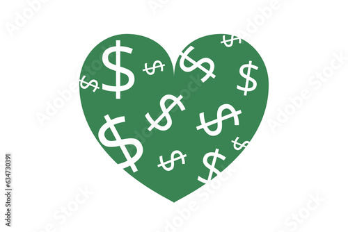 Tableau sur toile Green heart with dollar sign, love of money, earning money and love of making mo