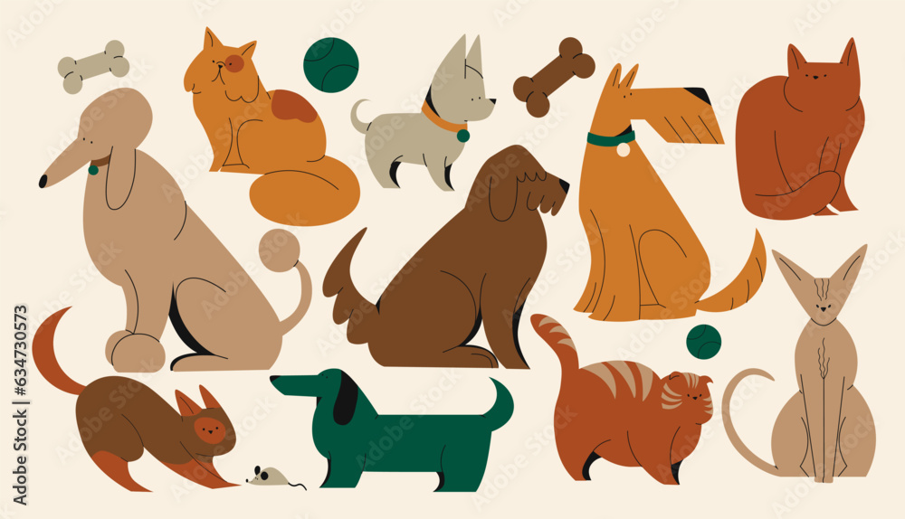 Cute pets cats and dogs. cartoon puppies characters in retro style. Animals veterinarian zoo stickers