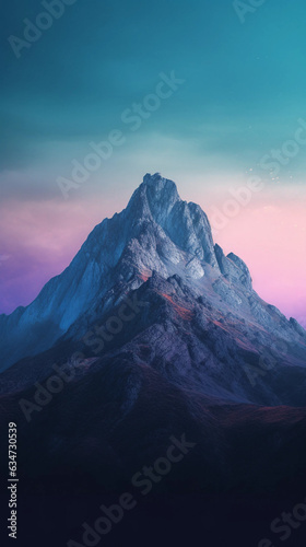A stunning minimalist background of a kinabalu mountain peak against a gradient sky, with a subtle texture adding depth. The color palette is blue and purple, creating a serene and calming atmosphere. © RITANOREMI