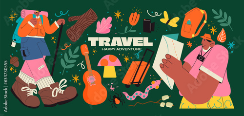 Cartoon stickers travelers and tourists. Excursion group with a map, backpack with guide. retro vacation with tent, tourism elements