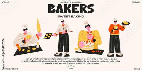 Retro characters bakers from the 90s cooking. Cartoon vintage style, groovy illustration of a bakery, coffee house, dough,buns. Chef in the uniform baking bread