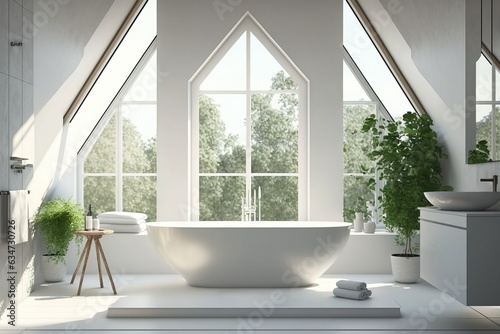 White ceramic comfortable bathtub in modern bathroom in luxury hotel. Illustration generative AI © Maryna