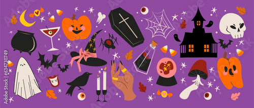 Cartoon halloween stickers in 90s groovy style. mummy, hat, cat, coffin, bat, ghost, pumpkin, etc. retro halloween elements
