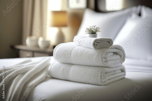 Stack of clean towels with flowers on bed in apartment. Illustration generative AI © Maryna