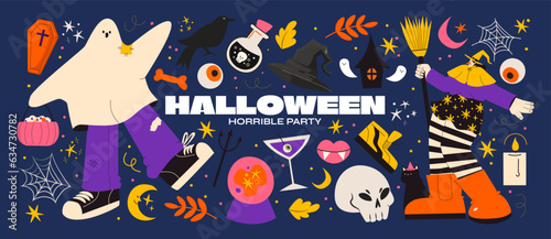 Cartoon halloween stickers in 90s groovy style. ghost character, hat, cat, coffin, bat, pumpkin, etc. retro halloween elements
