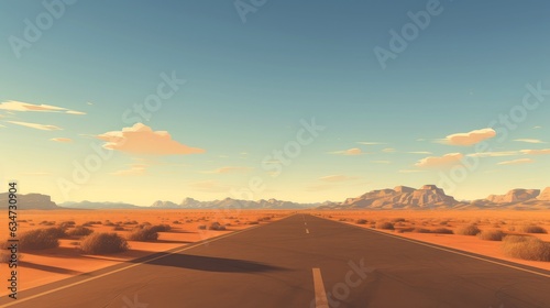 Desert landscape with sand road, A long straight dirt road disappears into the distant, cartoon style,