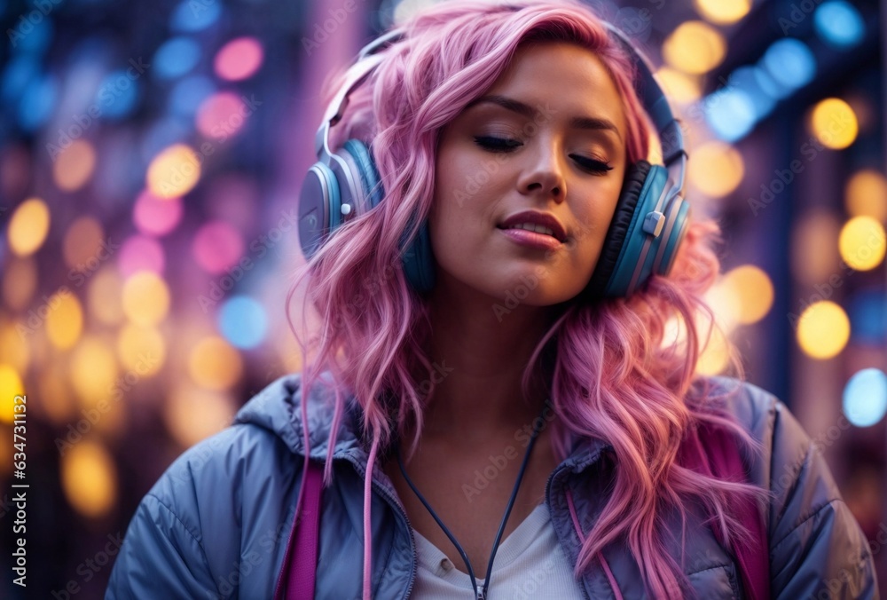A woman with pink hair wearing headphones A woman with pink hair wearing headphones