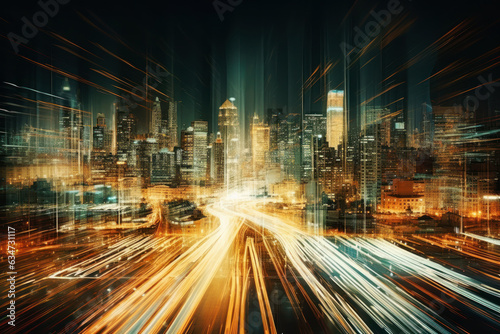 Bright city lights with abstract motion blur showing tall skyscrapers in background. Digital future urban innovation  smart cities  fast speed concept.