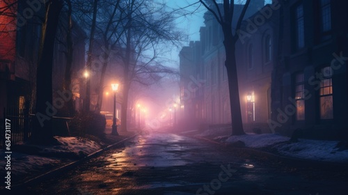 Night Halloween, Lights and fog-covered towns and streets during Halloween. © banthita166