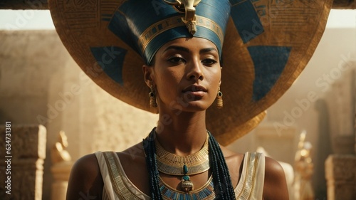 An elegant Egyptian woman adorned with a traditional headdress and exquisite jewelry