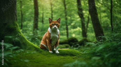 Fototapeta Naklejka Na Ścianę i Meble -  A majestic cat sitting in the heart of a lush forest