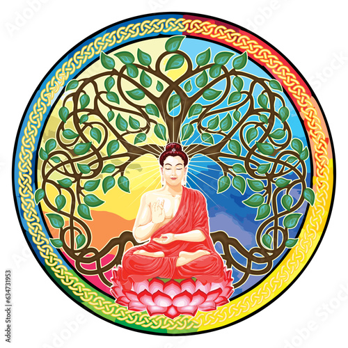Buddha Siddharta Gautama meditation on lotus flower tree of line