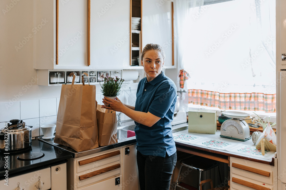 Female care assistant removing potted plant while standing in kitchen at home Female care assistant removing potted plant while standing in kitchen at home