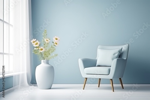 Pastel blue studio with window, flower vase, and armchair for creative interior design. Light blue color background. for web, presentation, or frame. photo
