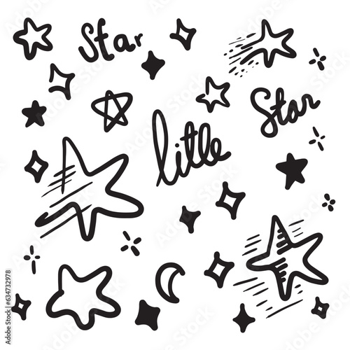 Star hand drawn set. Black vector star illustration drawn in doodle style on a white background.