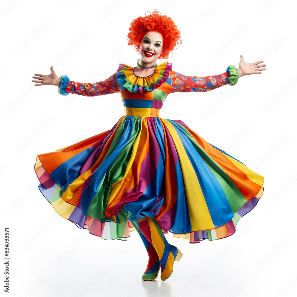 Female Clown from a circus in a colorful and fun costume. Smiling and looking joyful and funny. Isolated on white background.