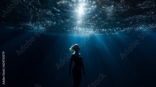 Person or Freediver immersed beneath the ocean surface. Peace and tranquility when diving. Shallow field of view.