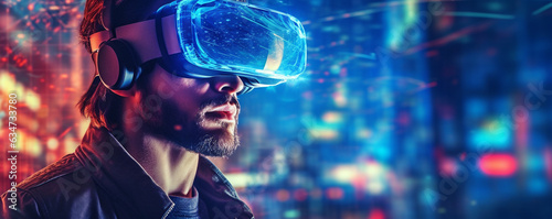 man wearing virtual reality glasses close-up. Generative Ai. 