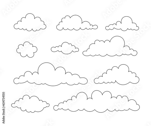 Cumulus clouds drawing cartoon. Coloring Page. Collection image cloud sky symbol. Vector drawing. Set of design elements.
