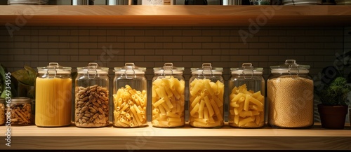 A collection of jars is shown with various pastas in them