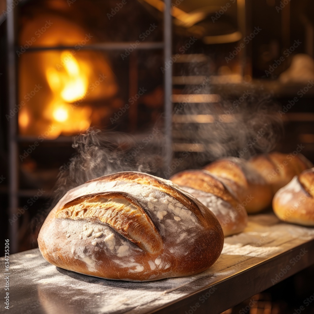 Baked crispy sourdough bread in the oven. Bread preparation. Generative AI. Baked crispy sourdough bread in the oven. Bread preparation. Generative AI.