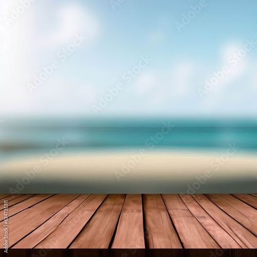wooden table abstract beach blurred background Generative AI
