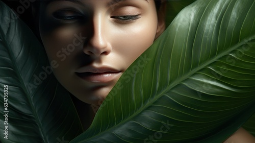 Beautiful girl with tropical leaves