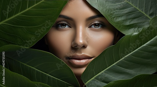 Beautiful girl with tropical leaves