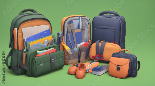 Vibrant School Accessories on Green Background | Ready for School Concept | 3D Rendering and Illustration | School Bag and Supplies with Copy Space