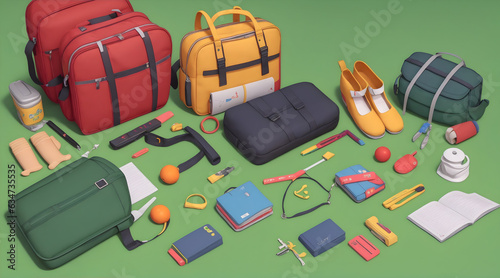 Vibrant School Accessories and Bag on Green Background | Ready for School Concept | 3D Rendering and Illustration | Ample Copy Space | High-Quality Stock Photo