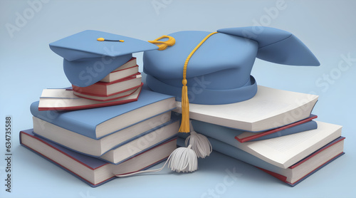 Vibrant School Book Accessories & Graduation Hat on Light Blue Background | 3D Rendered Illustration with Copy Space | Educational Supplies Concept