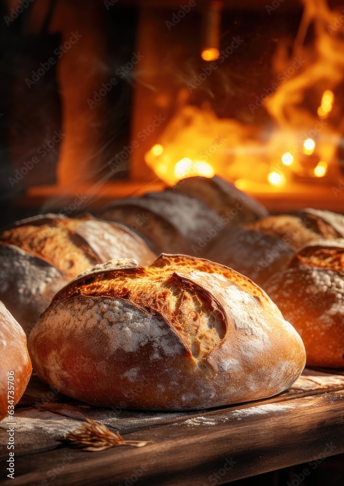 Baked crispy sourdough bread in the oven. Bread preparation. Generative AI. Baked crispy sourdough bread in the oven. Bread preparation. Generative AI.