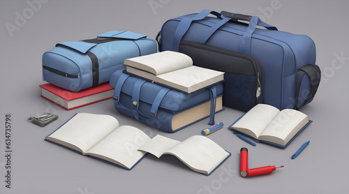 Back to School: 3D Render of School Bag, Laptop & Books on Blue Background. Educational Concept. Ample Copy Space. High-Quality Stock Image