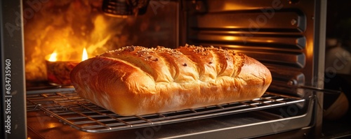 Baked crispy sourdough bread in the oven. Bread preparation. Generative AI.