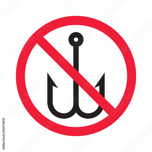 Forbidden fish hook vector icon. Warning, caution, attention, restriction, label, ban, danger. No fishing hook flat sign design pictogram symbol. No fishing hook icon