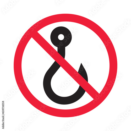 Forbidden fish hook vector icon. Warning, caution, attention, restriction, label, ban, danger. No fishing hook flat sign design pictogram symbol. No fishing hook icon