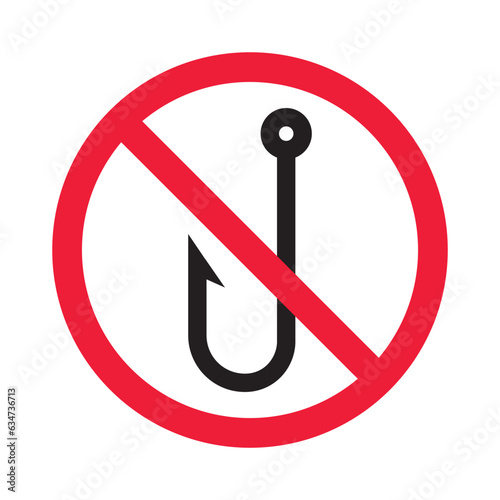 Forbidden fish hook vector icon. Warning, caution, attention, restriction, label, ban, danger. No fishing hook flat sign design pictogram symbol. No fishing hook icon
