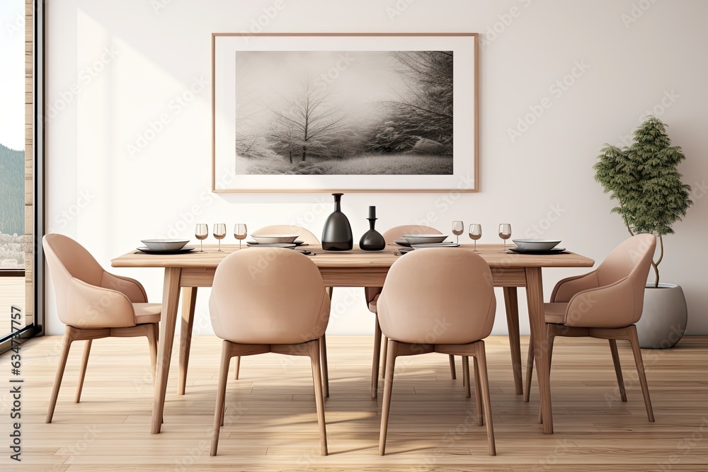 Modern Scandinavian style dining room with a illustration of a mock up poster frame. Modern Scandinavian style dining room with a illustration of a mock up poster frame.