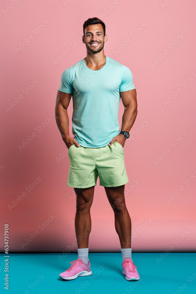 Full length portrait of a smiling young man in sportswear standing with hands in pockets isolated over pink background
