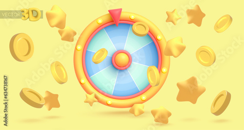 Vector 3d Game icon. Wheel of fortune, roulette with falling golden stars, money, coin, poker chips. Vector illustration for postcard, icons, poster, banner, web, design, arts.