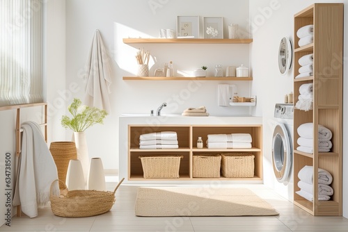 Modern room interior design with bathroom accessories, emphasizing purity and cleanliness, and featuring an organized space for cleaning and laundry, ideally in a recently renovated home.