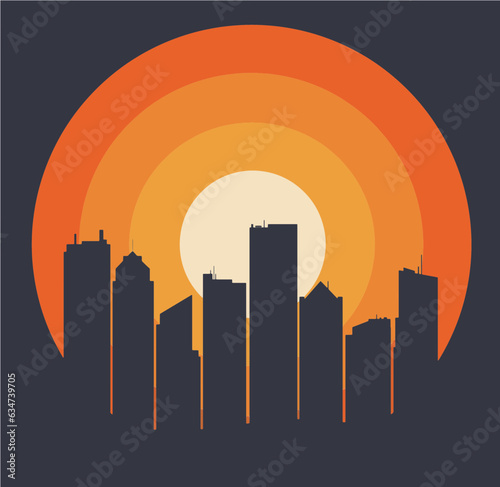 A city skyline is seen in front of a graphic sunset design vector.