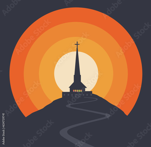 Canvas-taulu A small chapel with a tall steeple and cross is seen on a hilltop at sunset in a 3-d illustration about religion and small town churches